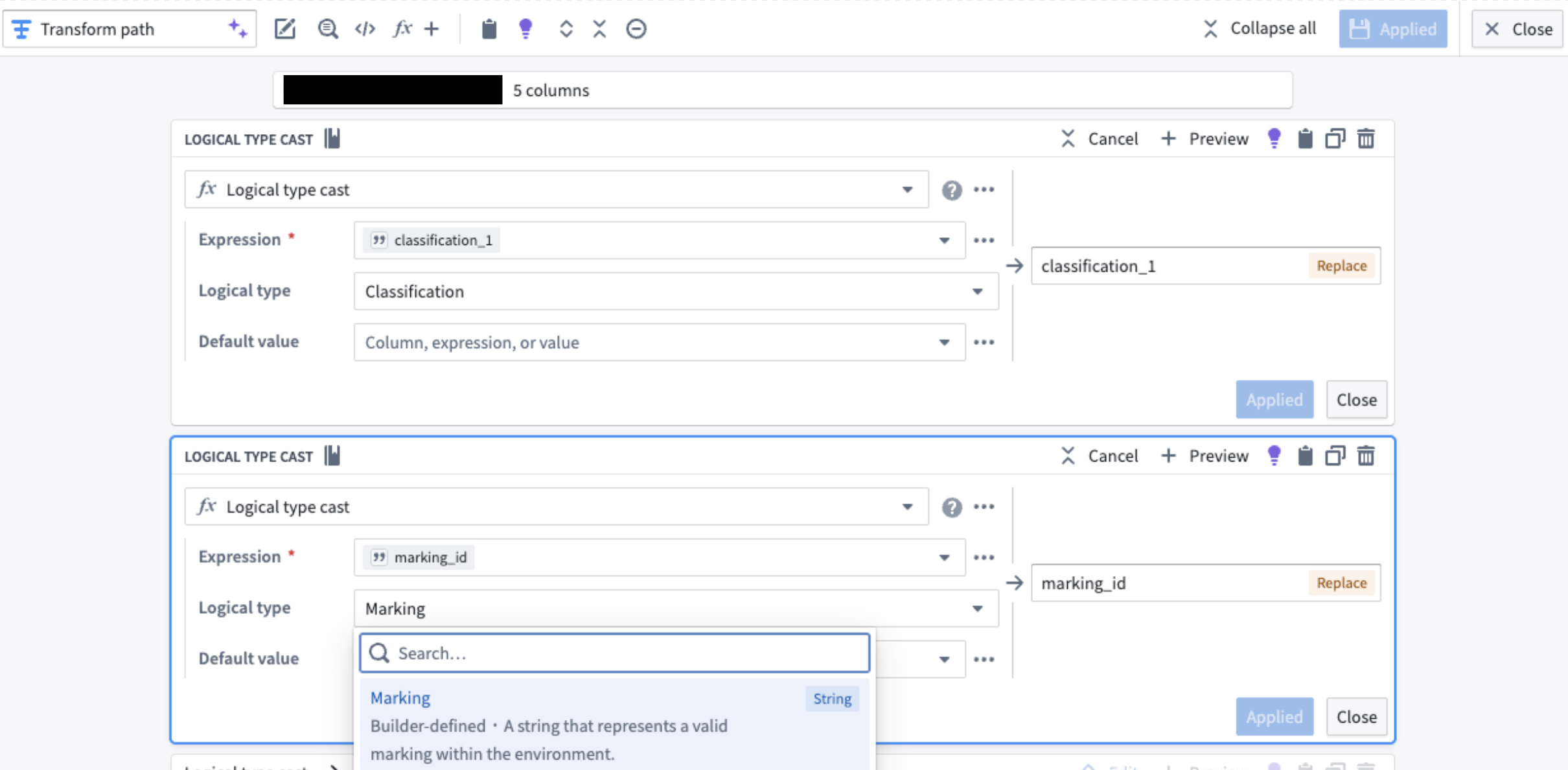 Screenshot of the logical type cast expression in Pipeline Builder.