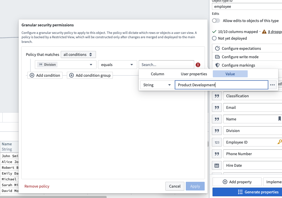 Example of a granular security permission configuration.