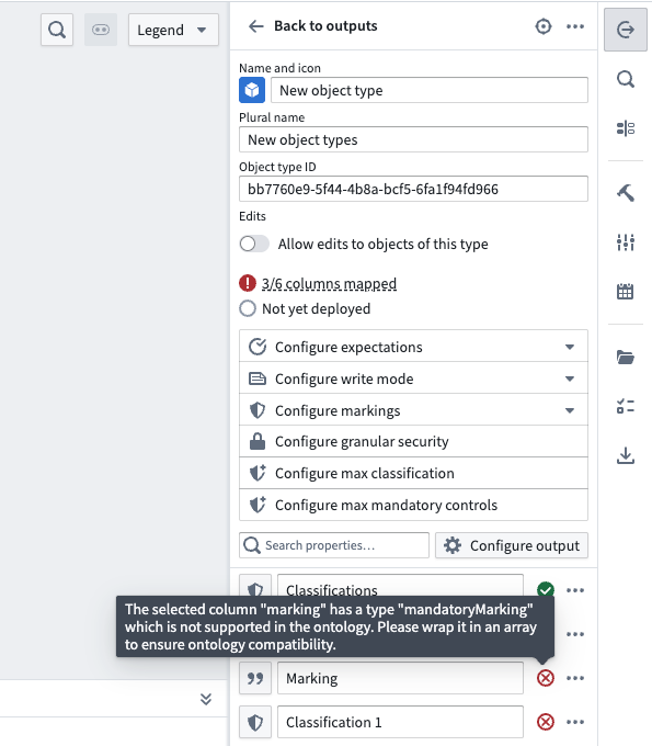 Screenshot of the error when a single marking is mapped to an object property.