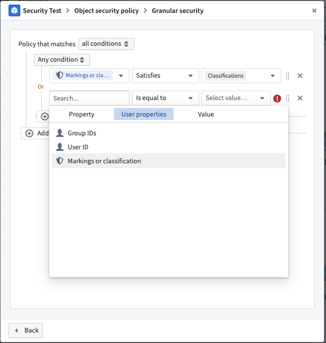 Screenshot of the granular security permission configuration window.