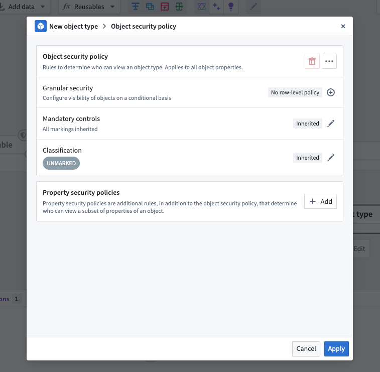 Screenshot of the granular security policy window.