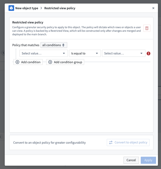 Screenshot of the restricted view policy configuration window.