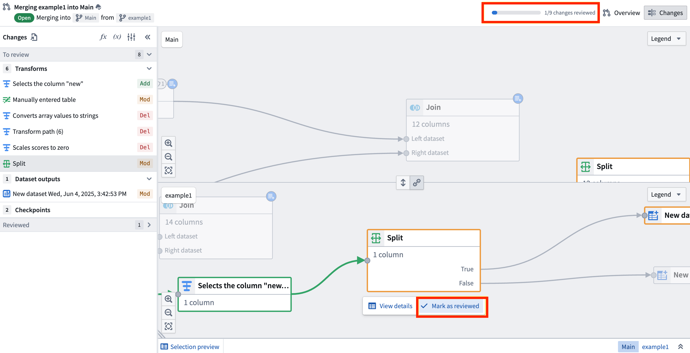 Screenshot showing the "mark changes as reviewed" interface.
