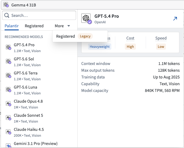 The Pipeline Builder model selector with the Registered tab showing a registered model.
