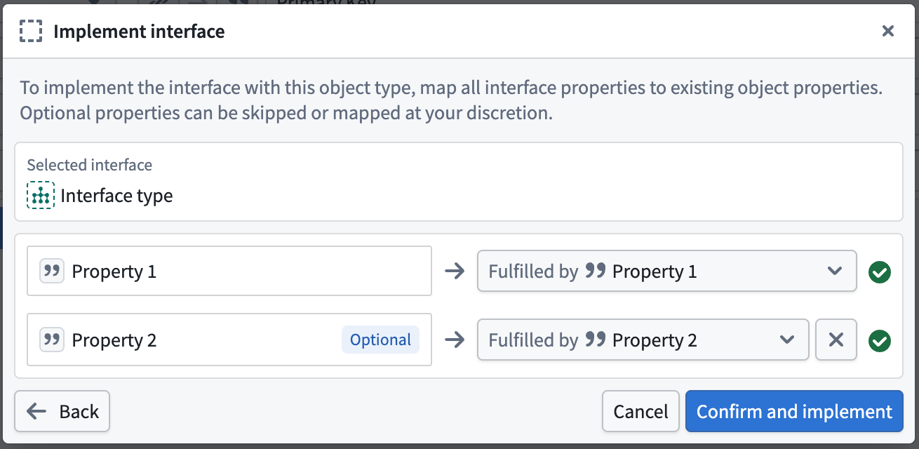 The implementing interface type property mapping dialog, with a required and an optional interface type property mapped.