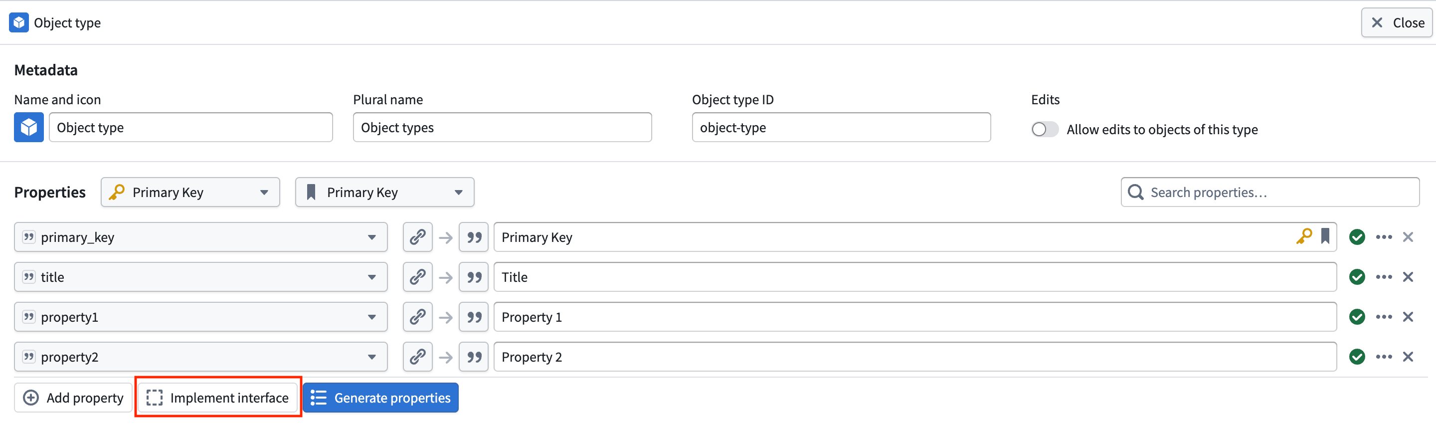 The property mapping section in the object type output panel with the Implement interface button highlighted.