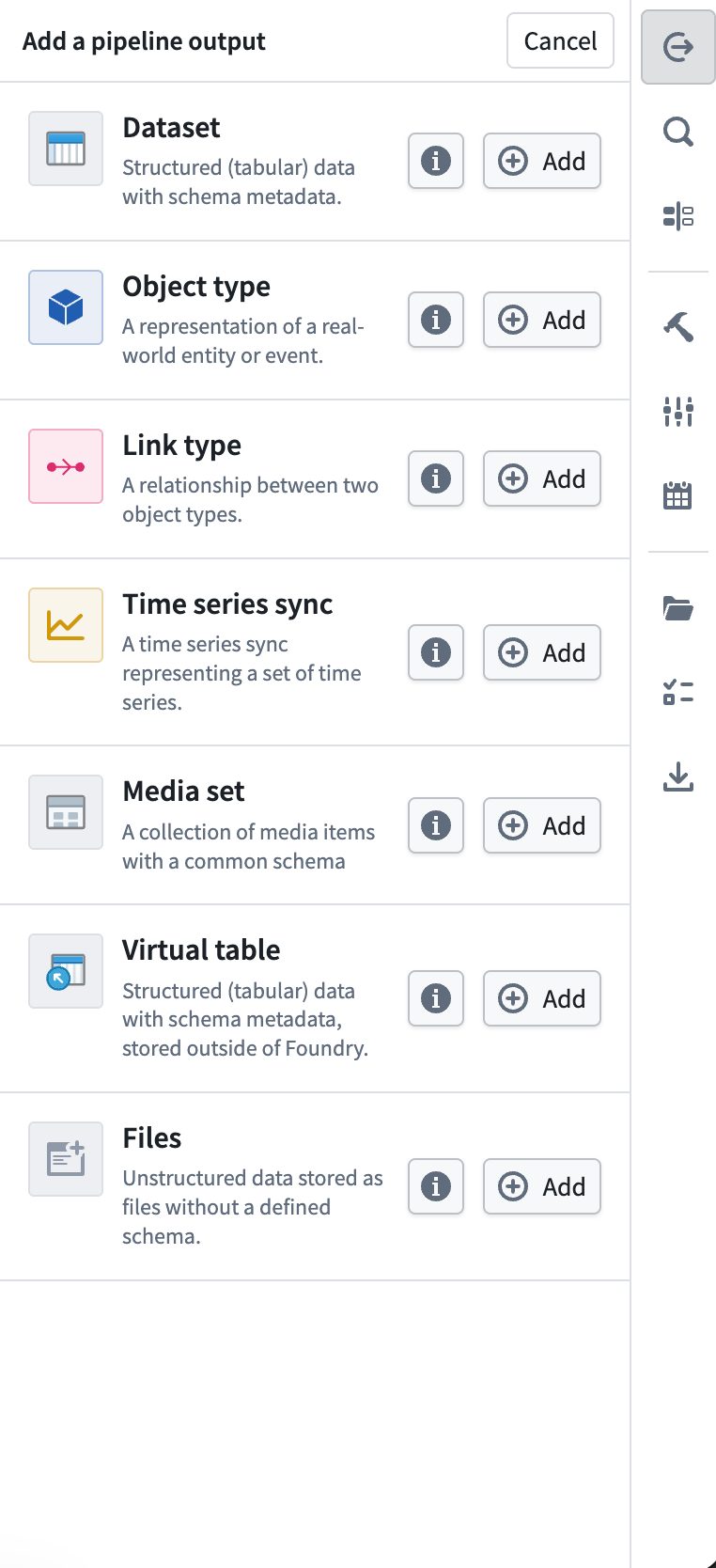 The Add a pipeline output panel listing the available output types.