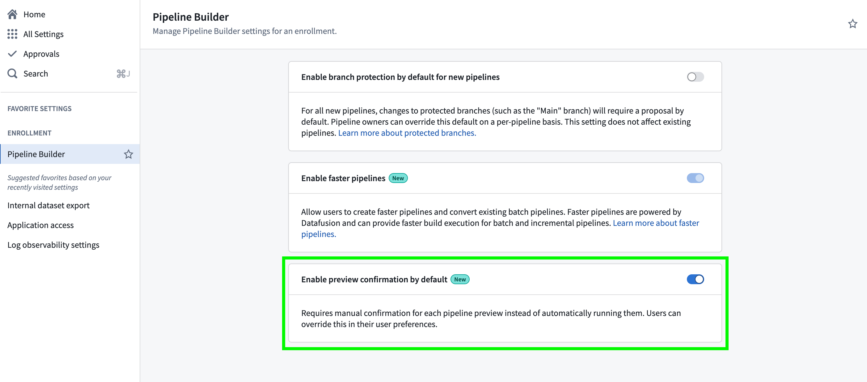 Screenshot of Pipeline Builder's Control Panel setings