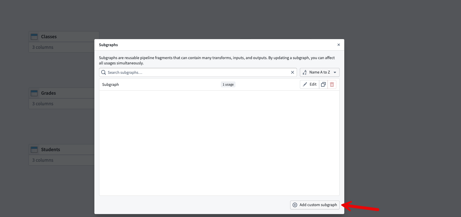 The Subgraphs window with the Add custom subgraph option.