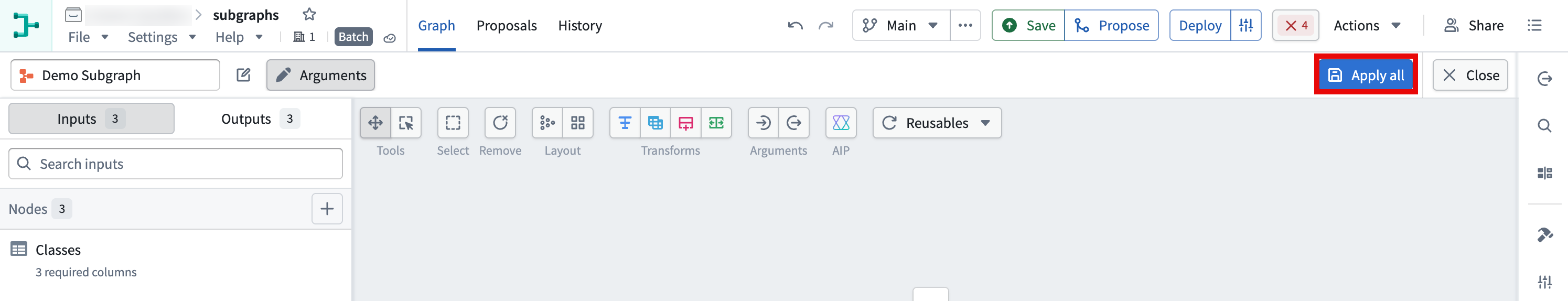 Demo Subgraph エディターで、右上のすべての変更を適用ボタンが強調表示されています。