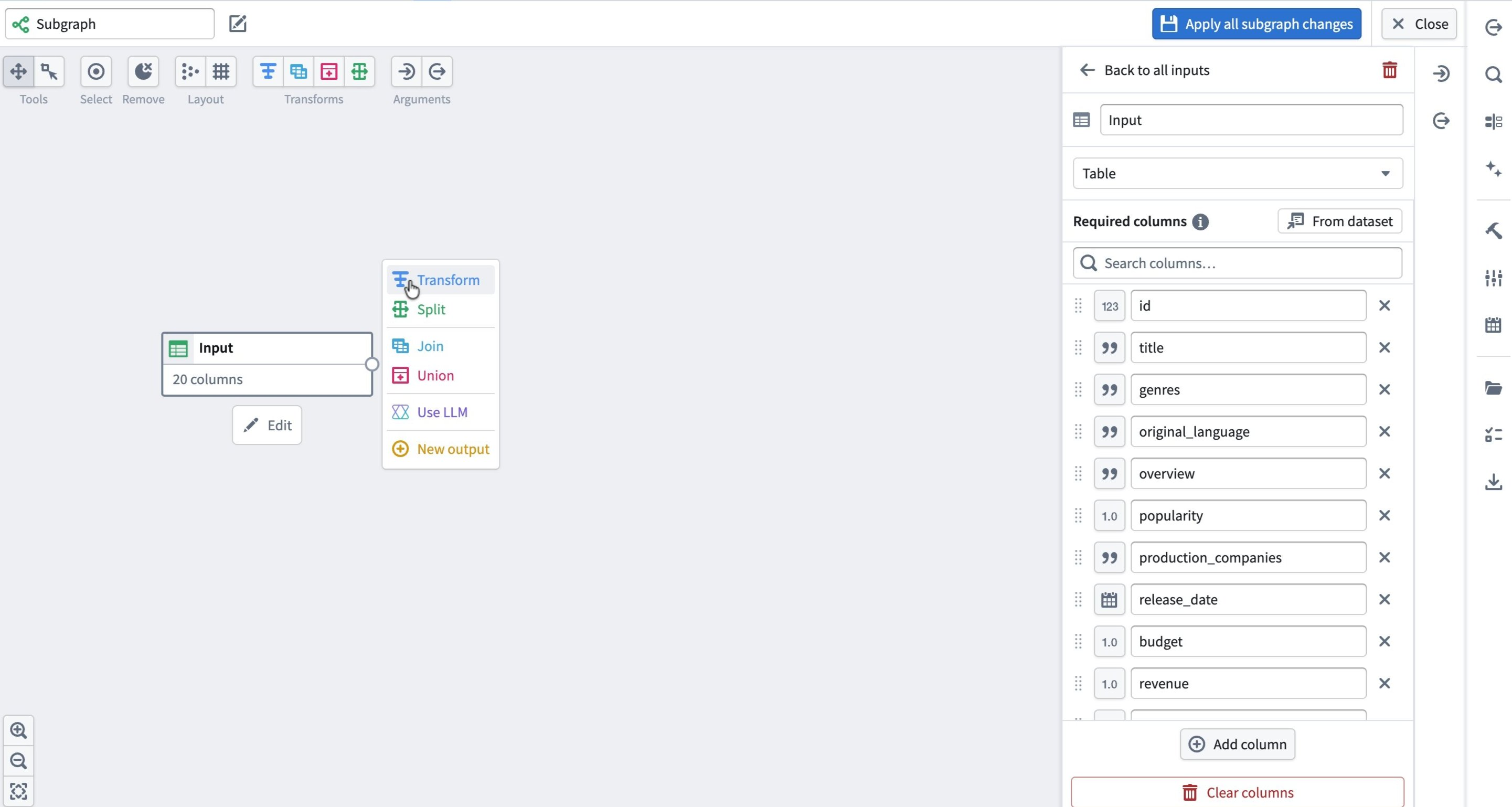 The subgraph editor showing the node menu used to build transform logic.
