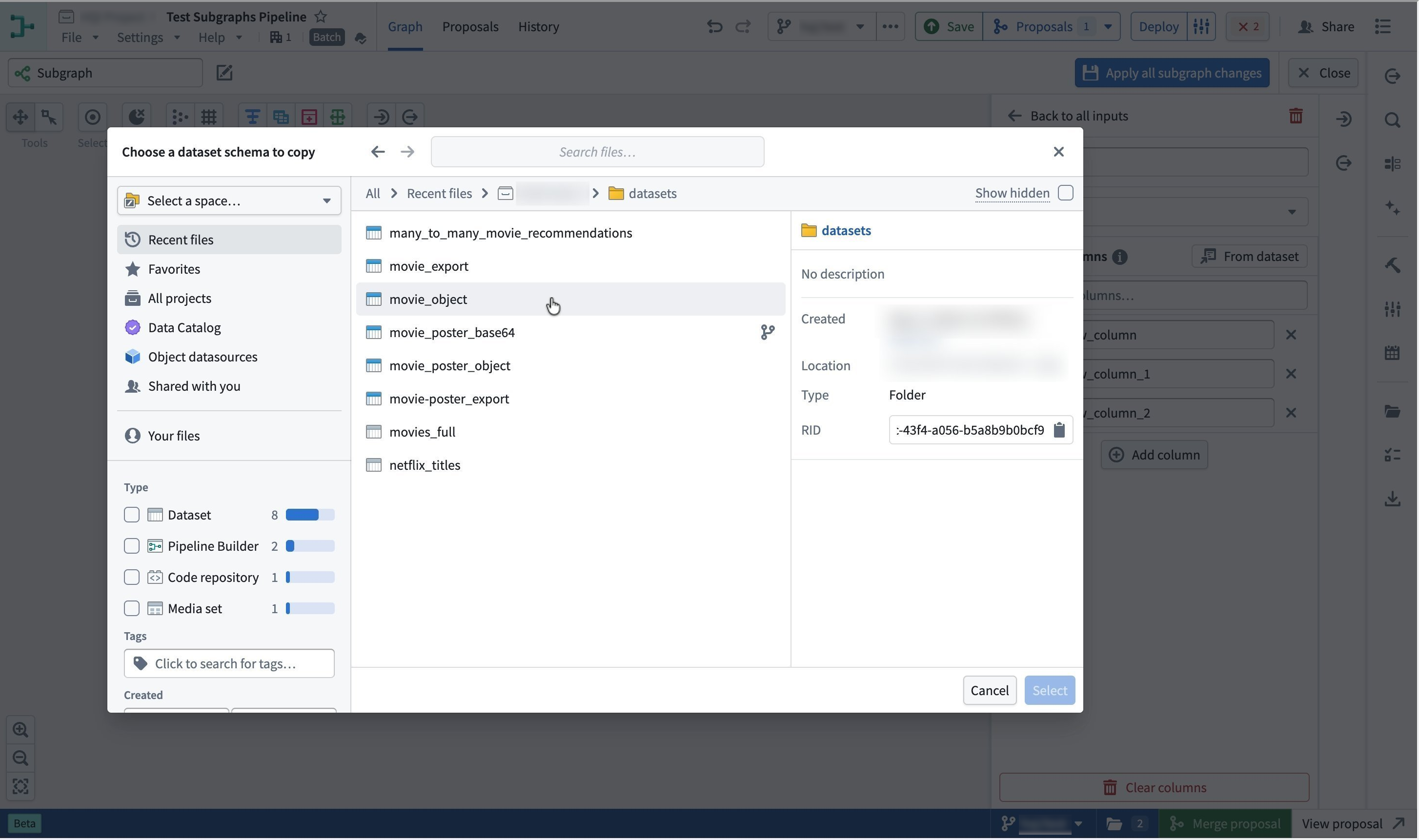 The dataset schema picker for copying columns into a subgraph input.