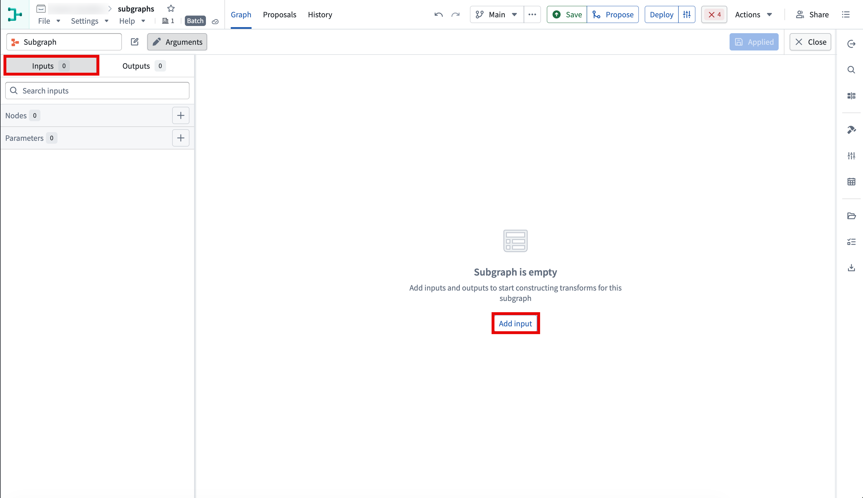 空のサブグラフエディターで、インプットタブと入力を追加ボタンが強調表示されています。