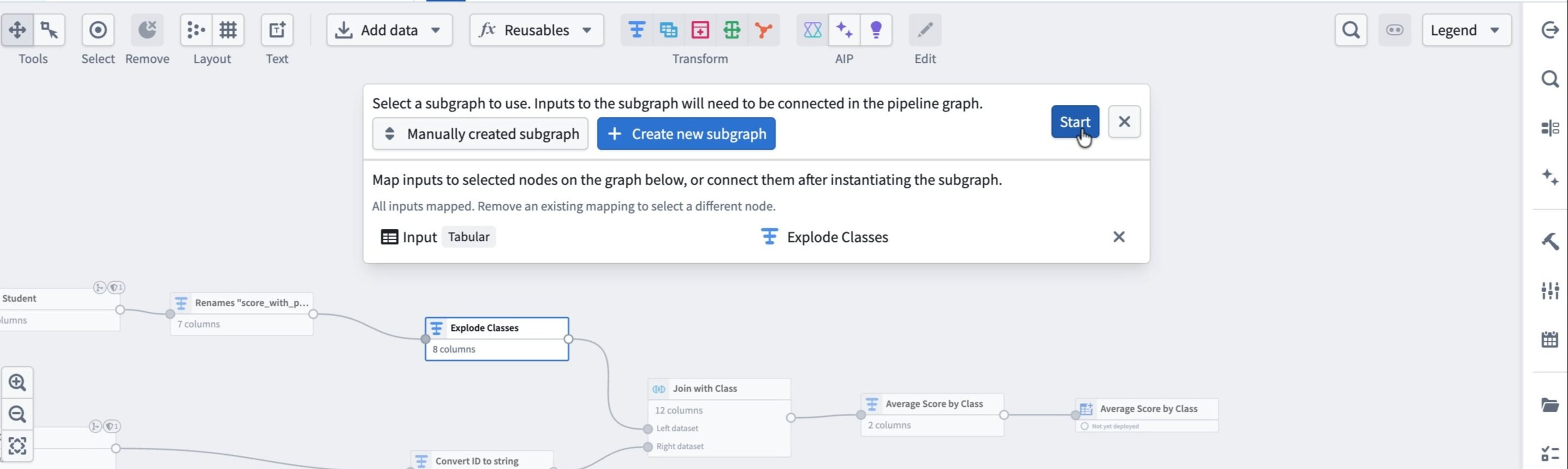 The banner mapping a subgraph input to a node on the graph.