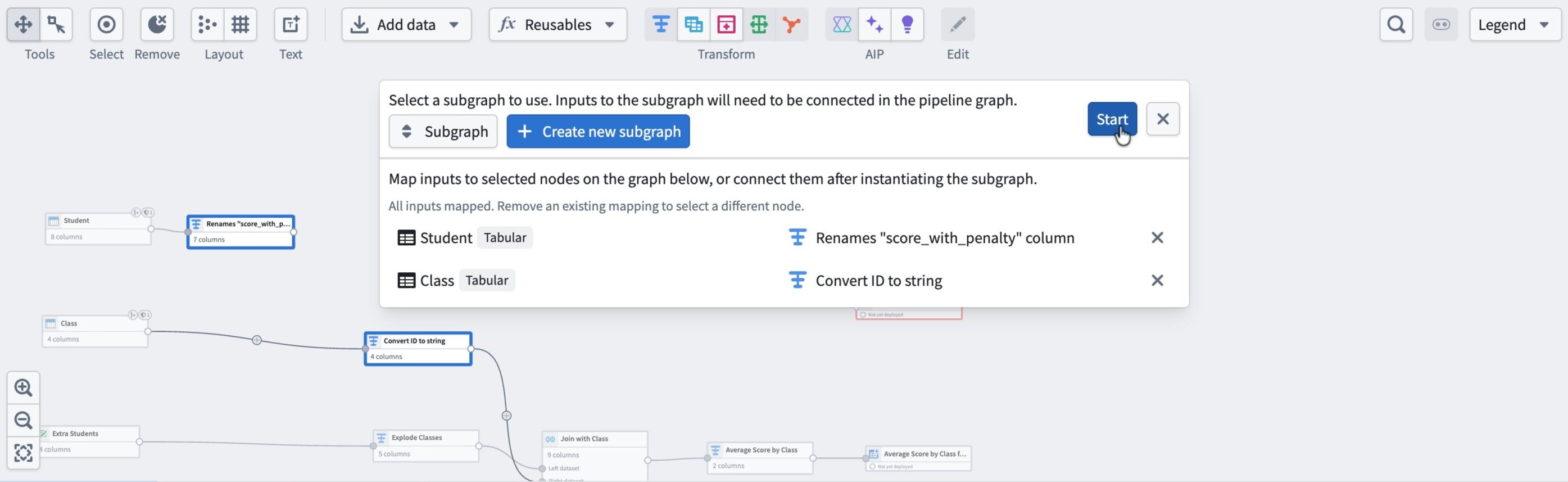 The Map inputs section mapping two subgraph inputs to nodes on the graph.