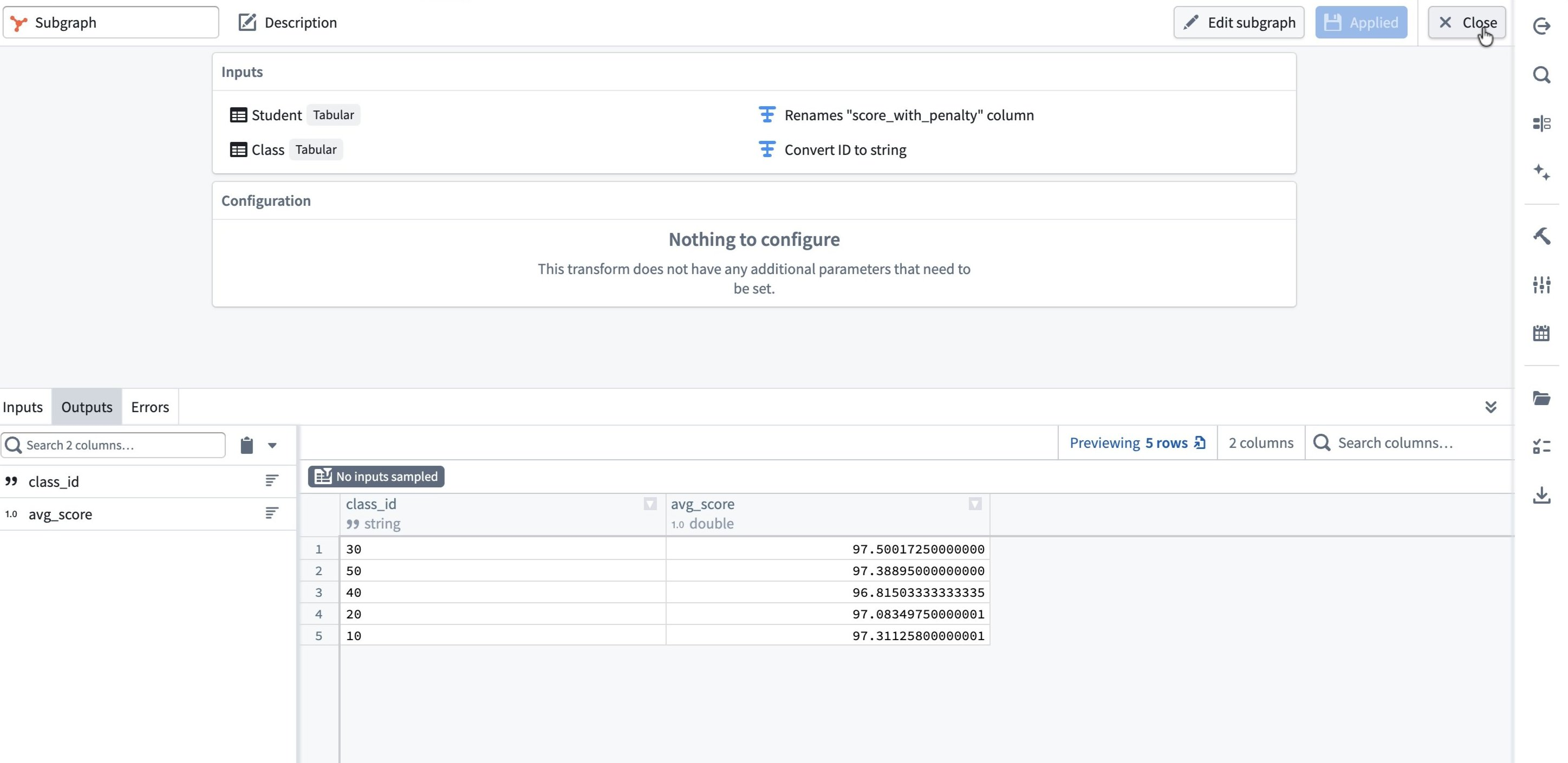 The subgraph configuration window previewing the output columns of the multi-input subgraph.