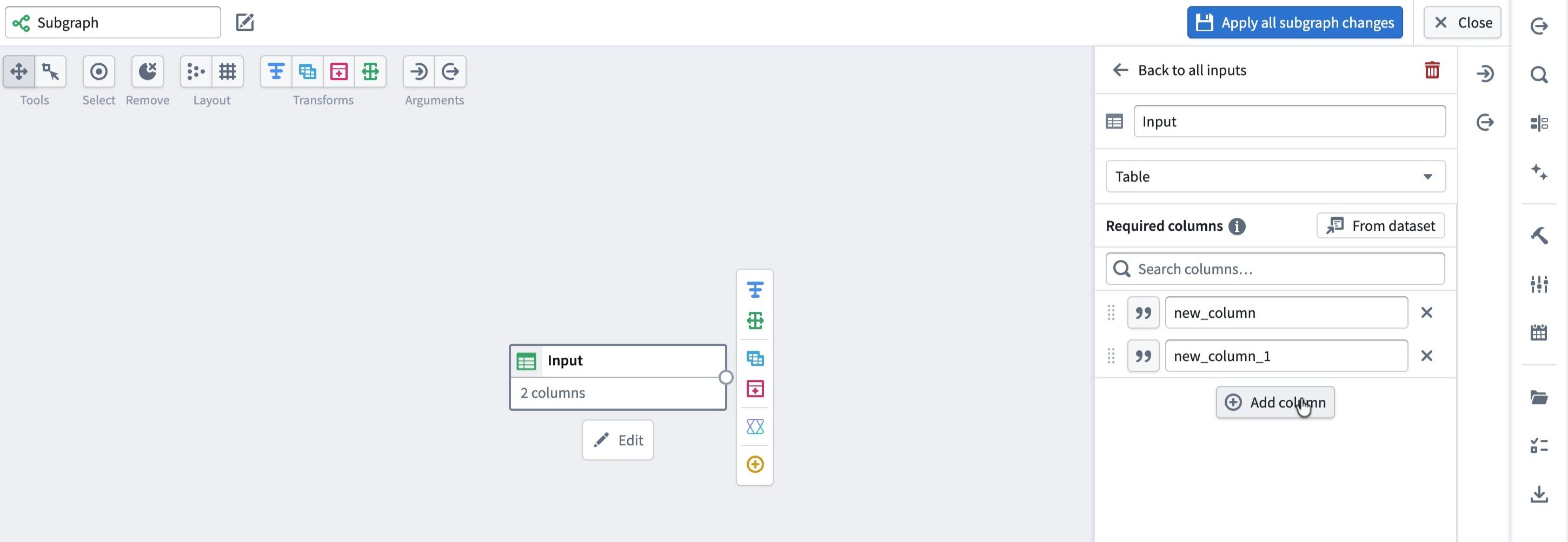 The Required columns pane with the Add column and From dataset options.