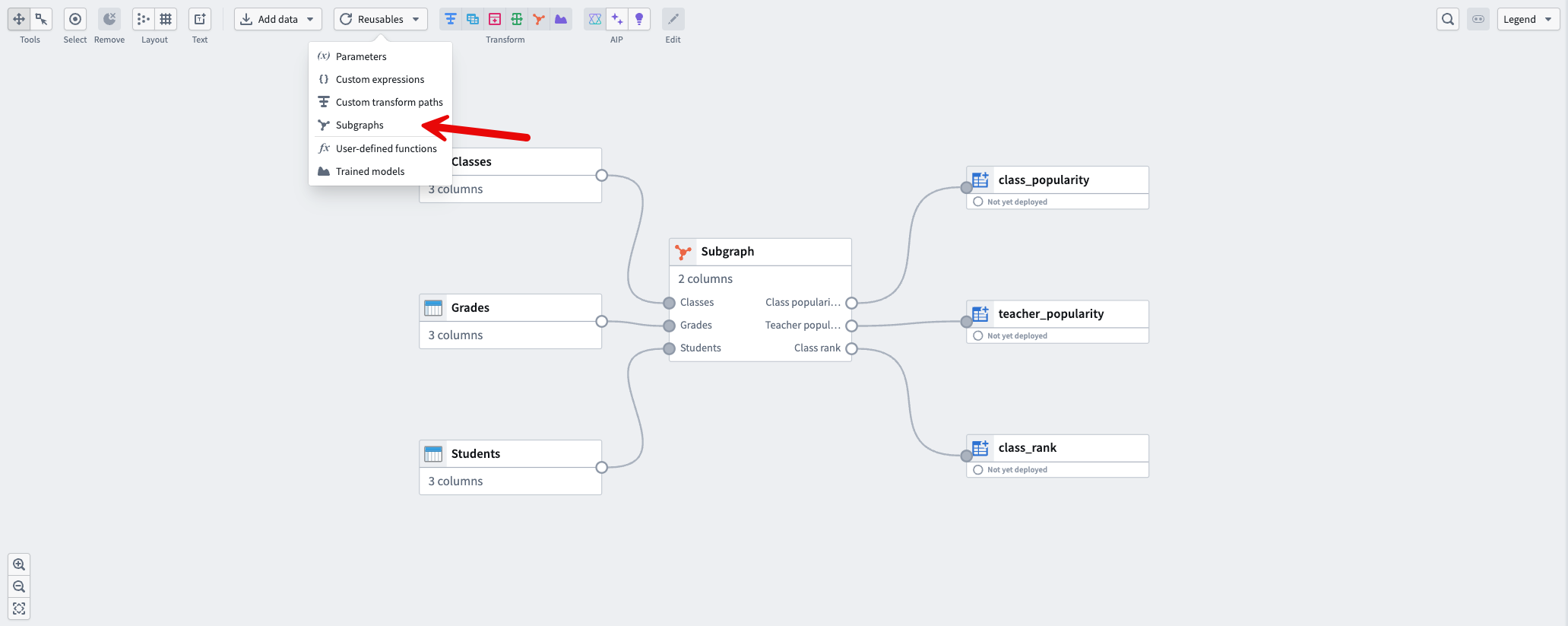 The Reusables menu with the Subgraphs option in Pipeline Builder.