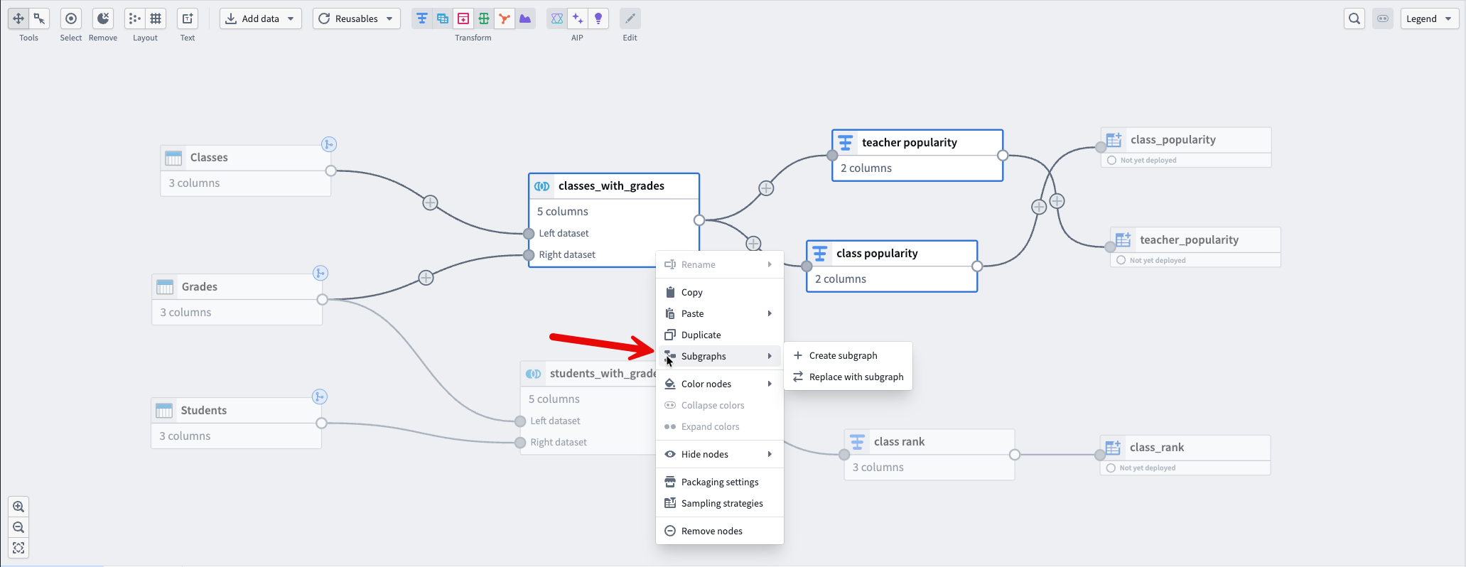 The right-click menu with the Subgraphs option expanded to show Create subgraph and Replace with subgraph.
