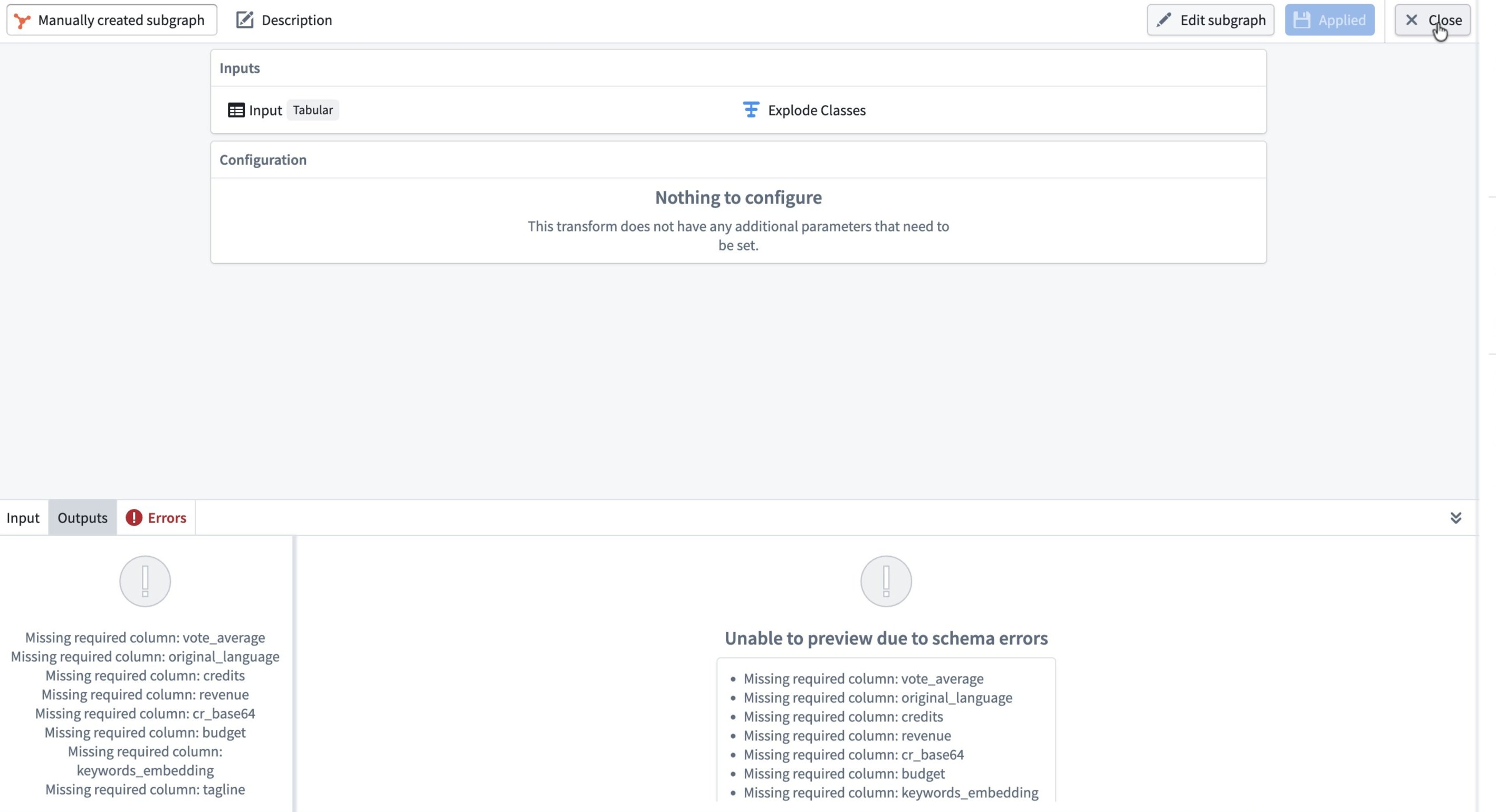 The Errors tab listing missing required columns for a subgraph.