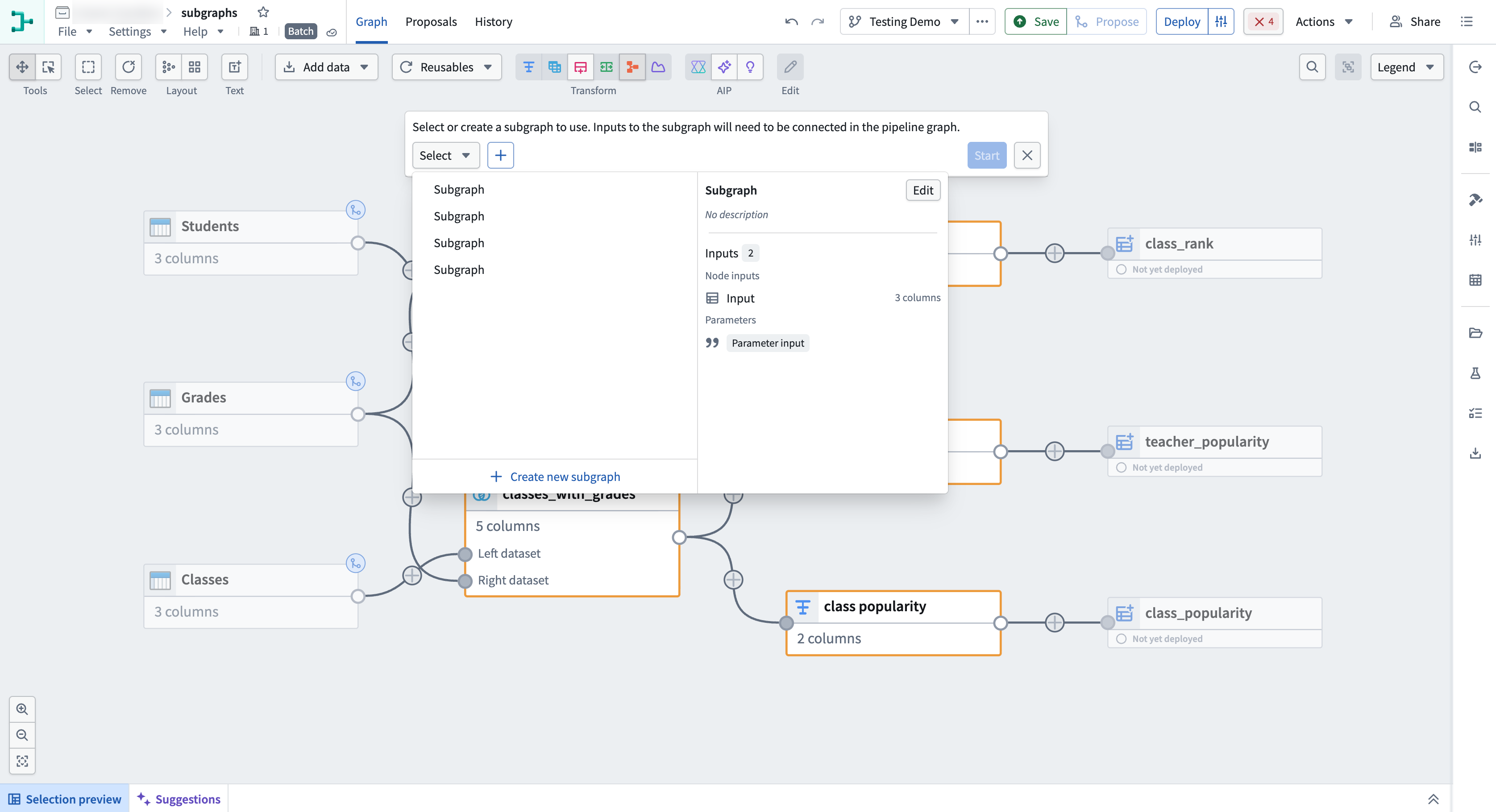 Pipeline Builder のツールバーでサブグラフをテーブルに適用アイコンが強調表示され、サブグラフの選択メニューが開いています。