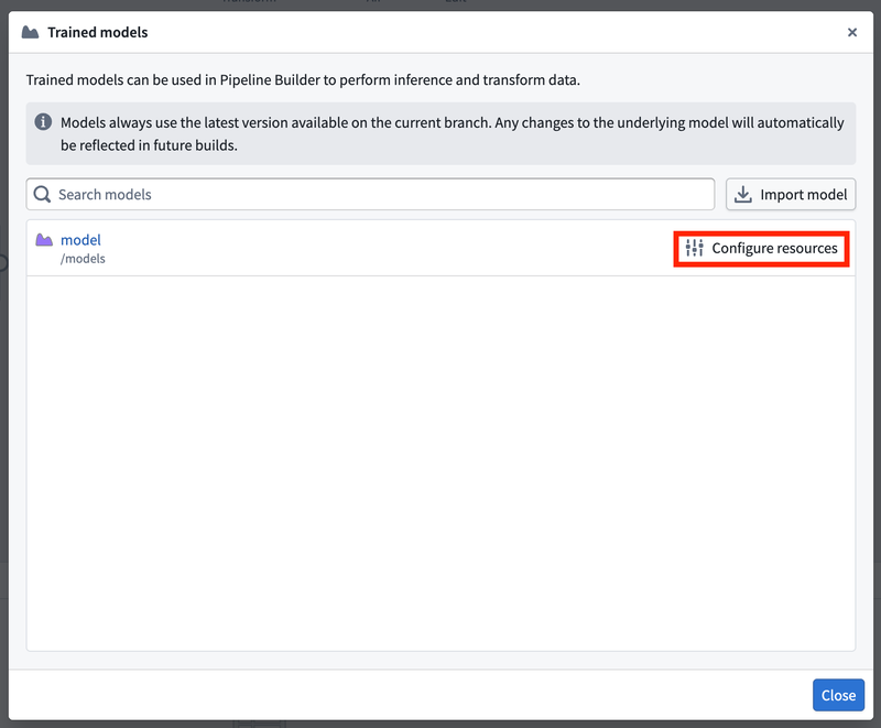 Trained model import window with configure resource options.