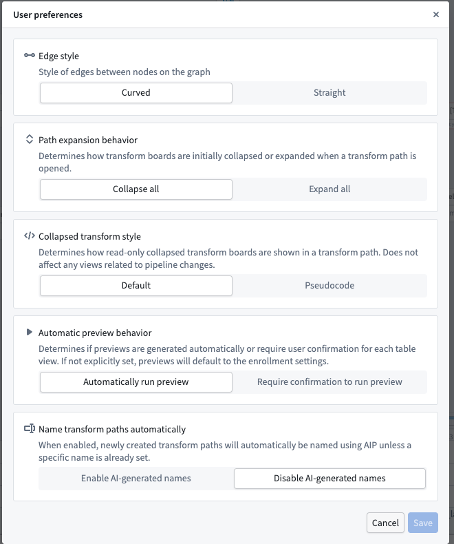 The User preferences menu.