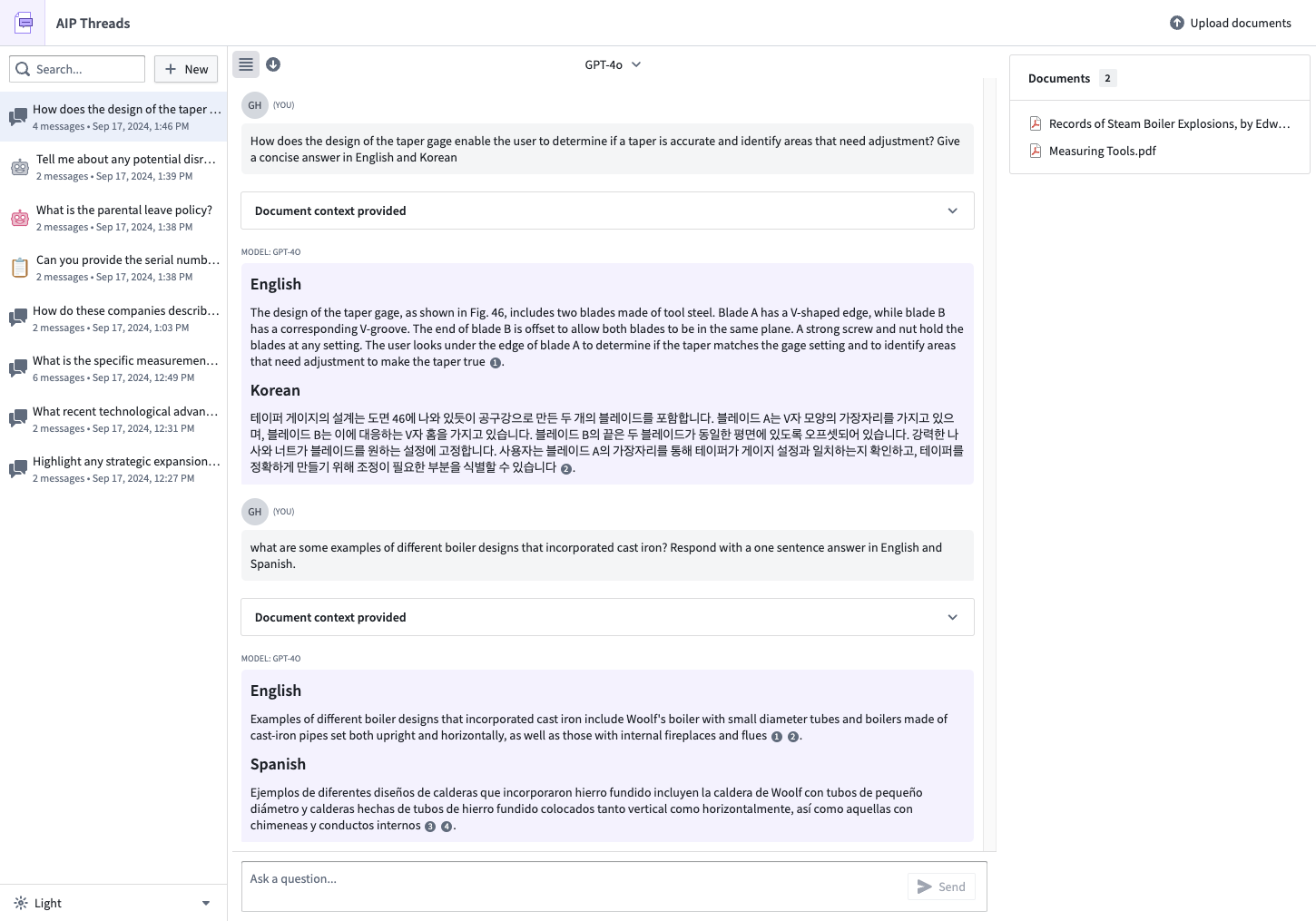 AIP Threads主界面，显示与文档和AIP Agents的多次对话。选定的对话提出了一个技术问题，答案包括对原始文档的引用。
