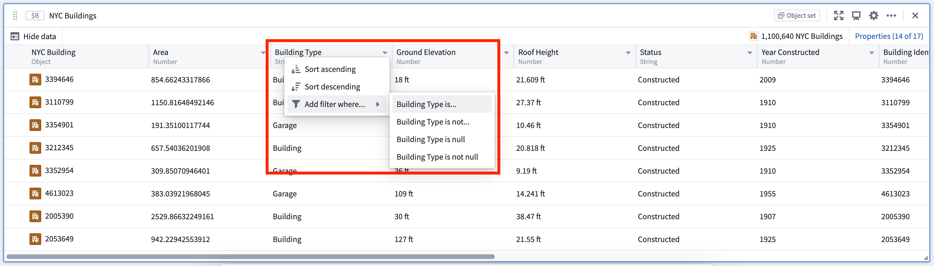 Example of filtering an object set by setting property values from the property column header.