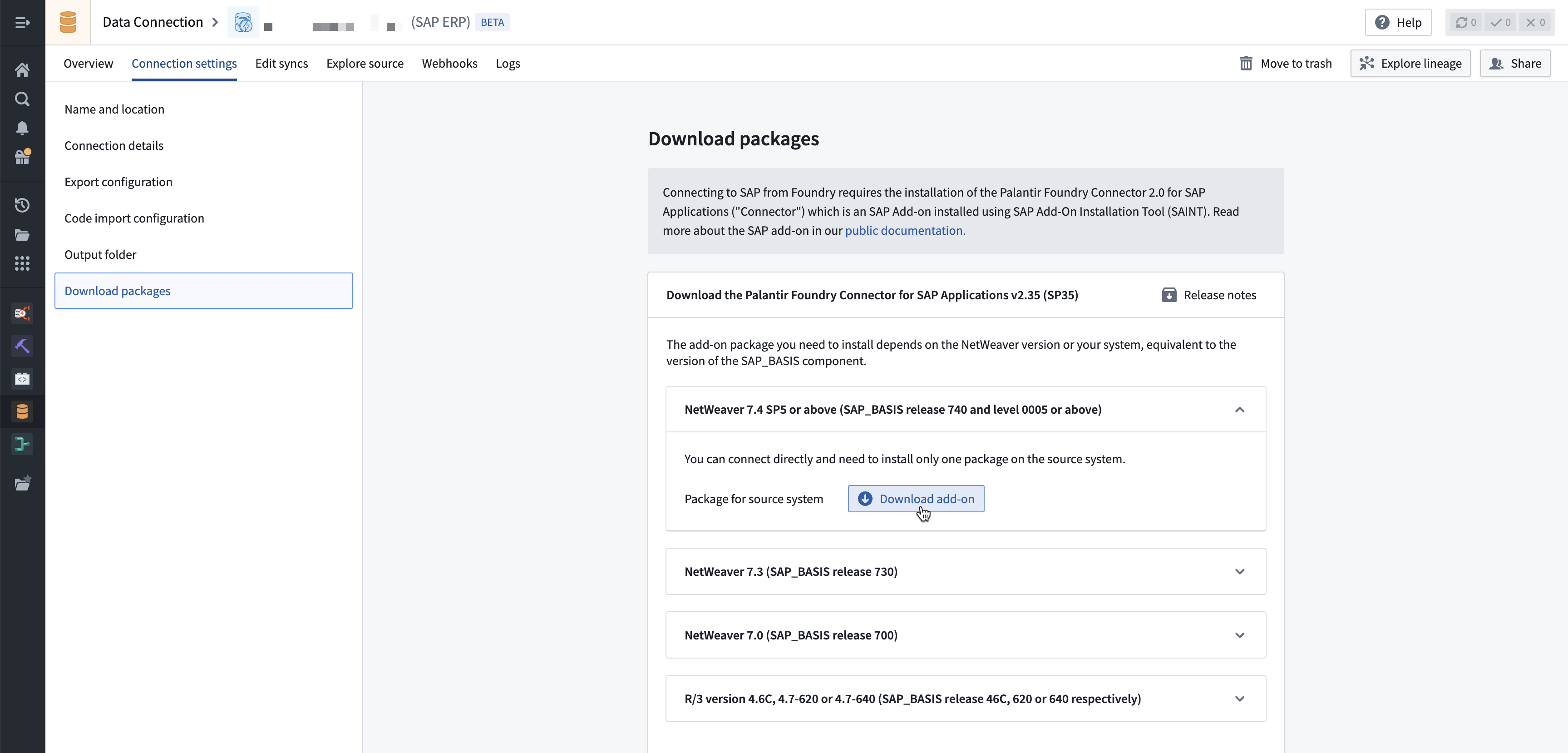 Download packages section displayed on an existing Foundry source.