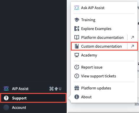 Foundry's Support menu is displayed, where a user can launch their Foundry enrollment's custom documentation page.