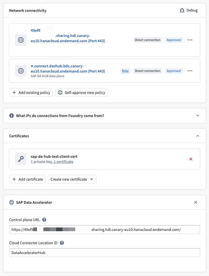 A Foundry source configured for SAP Data Accelerator, showing approved control plane and data plane egress policies, an assigned client certificate, and a populated SAP Data Accelerator property with a control plane URL and Cloud Connector Location ID.