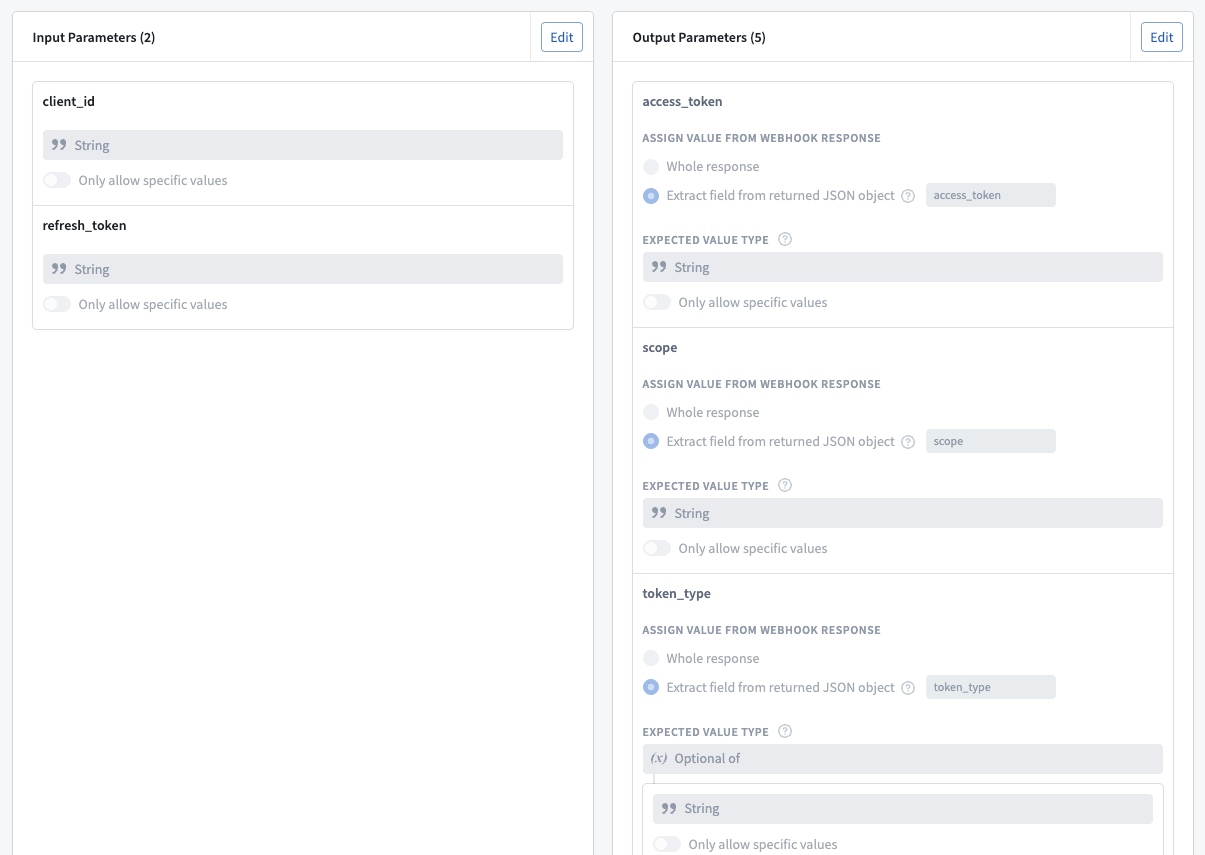 A refresh token webhook with client ID and refresh token inputs, and output parameters extracted from matching JSON response fields.