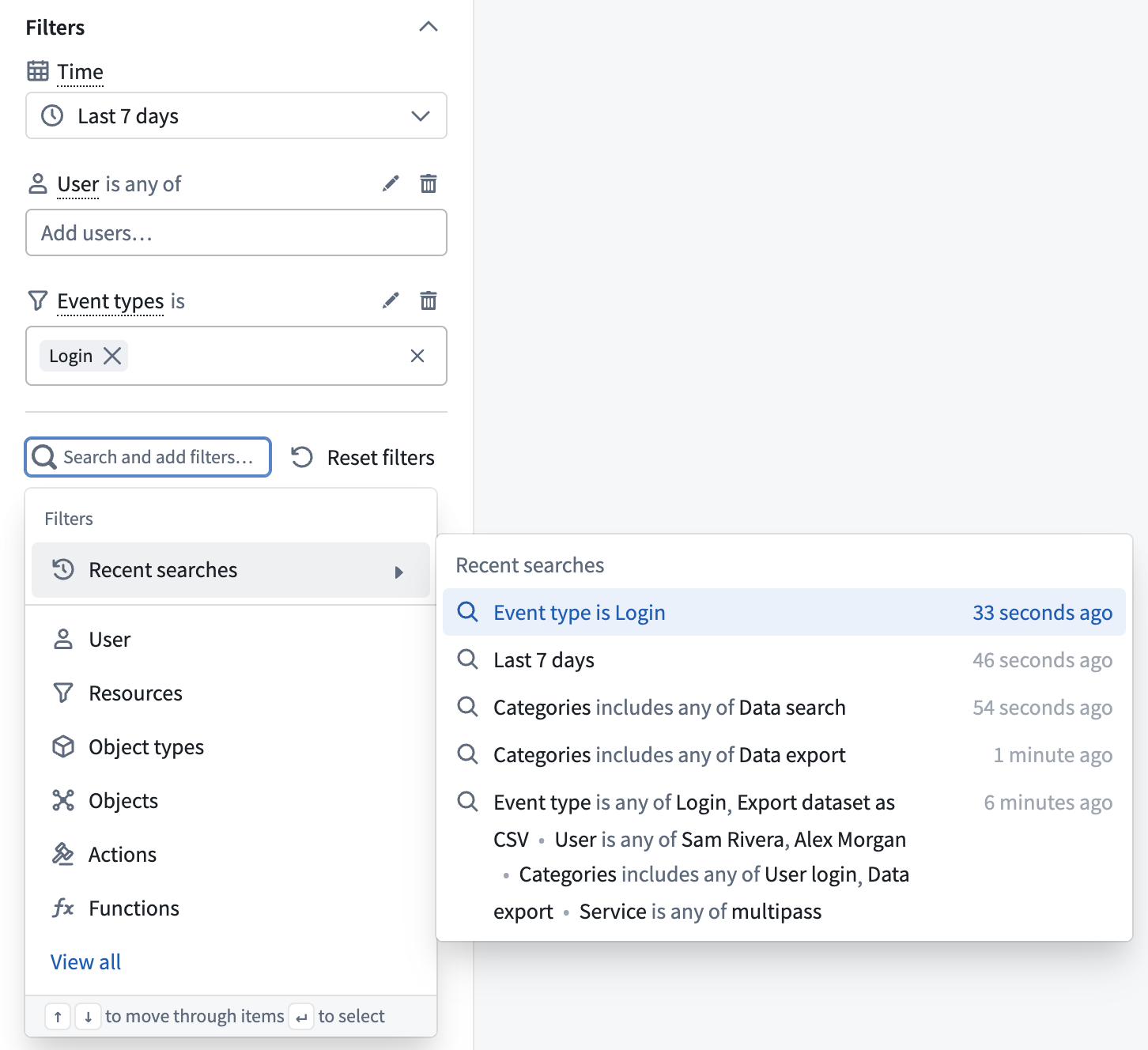 The Add new filter menu lists filters and Recent searches.