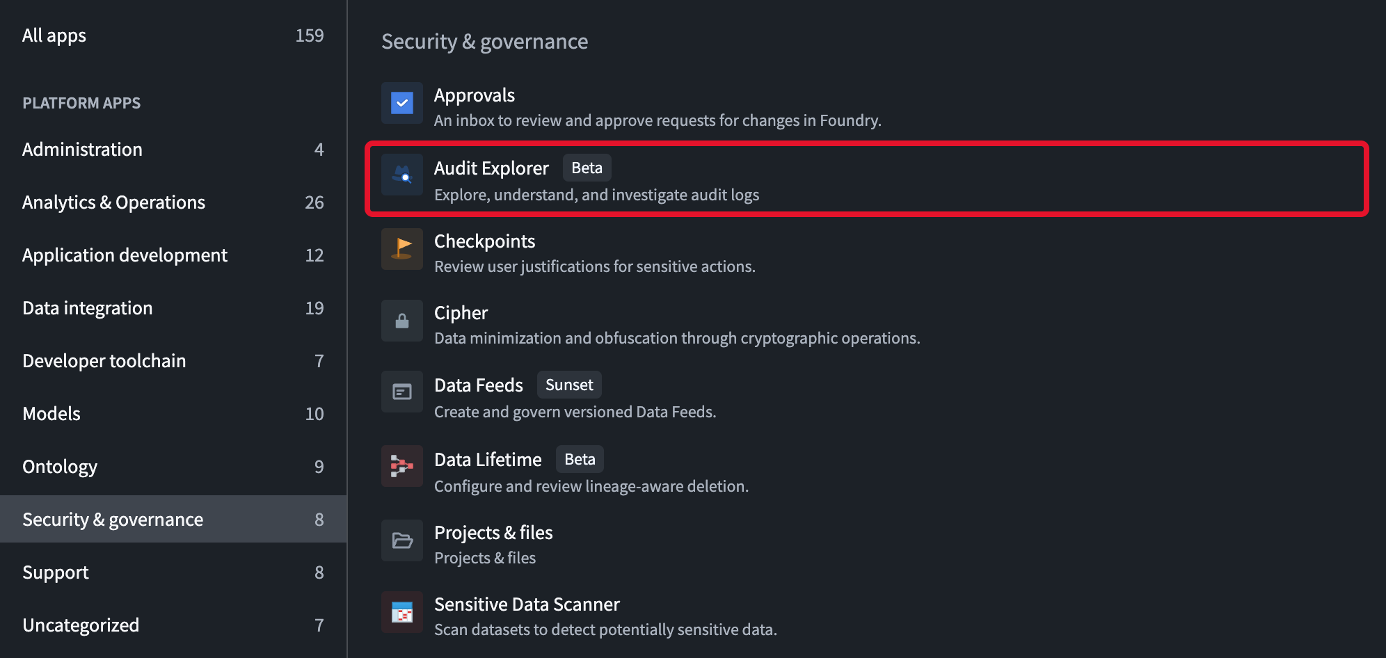 The Applications portal lists Audit Explorer under Security & governance.