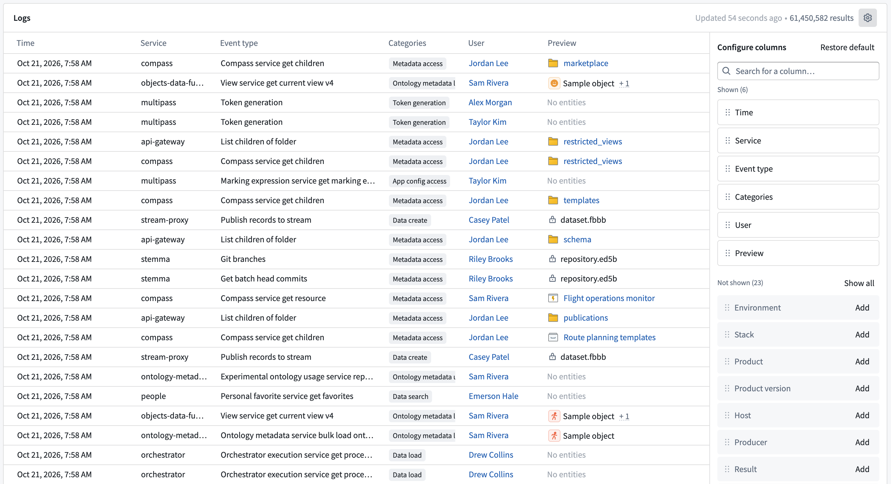 The Configure columns panel is open next to the Logs table and shows the Shown and Not shown column lists.