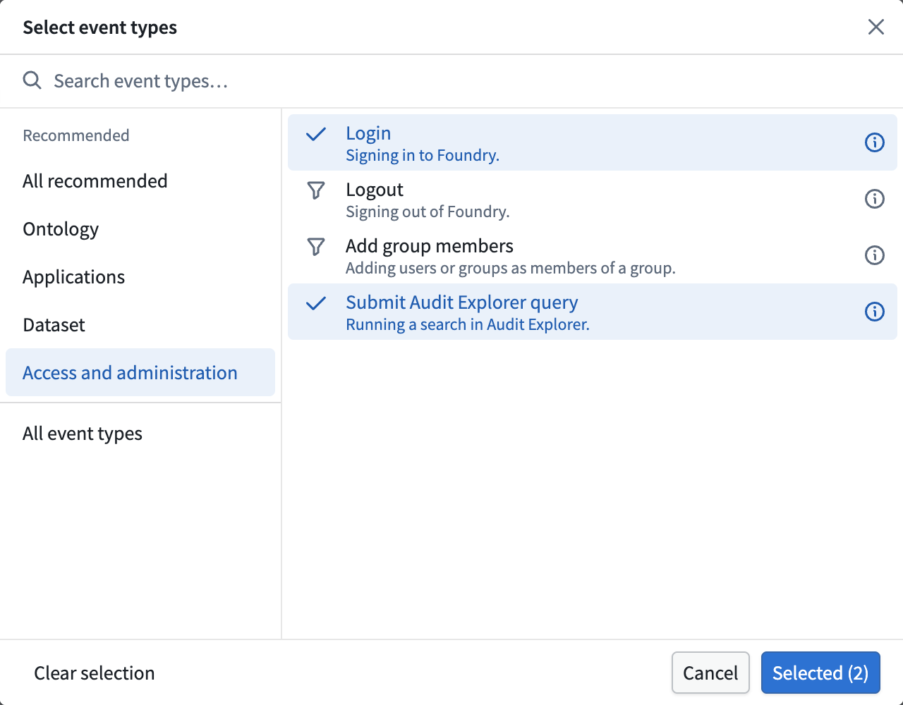 The Select event types dialog shows recommended event types in the Access and administration group with two selected.