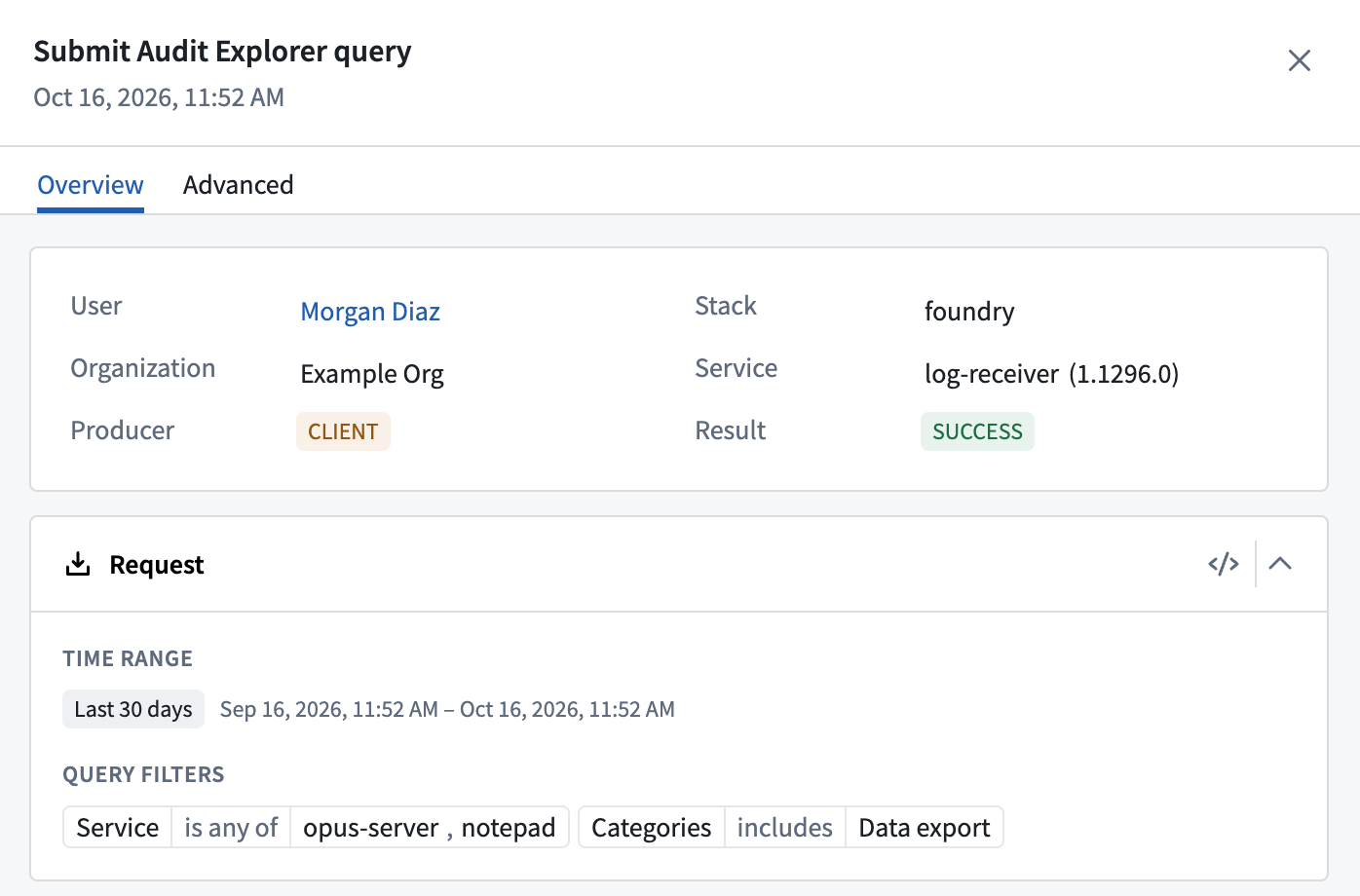 The log detail panel for an Audit Explorer search log shows the recorded Time range and Query filters.