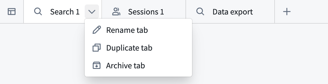 The Tab options menu is open on a search tab and shows the Rename tab, Duplicate tab, and Archive tab options.