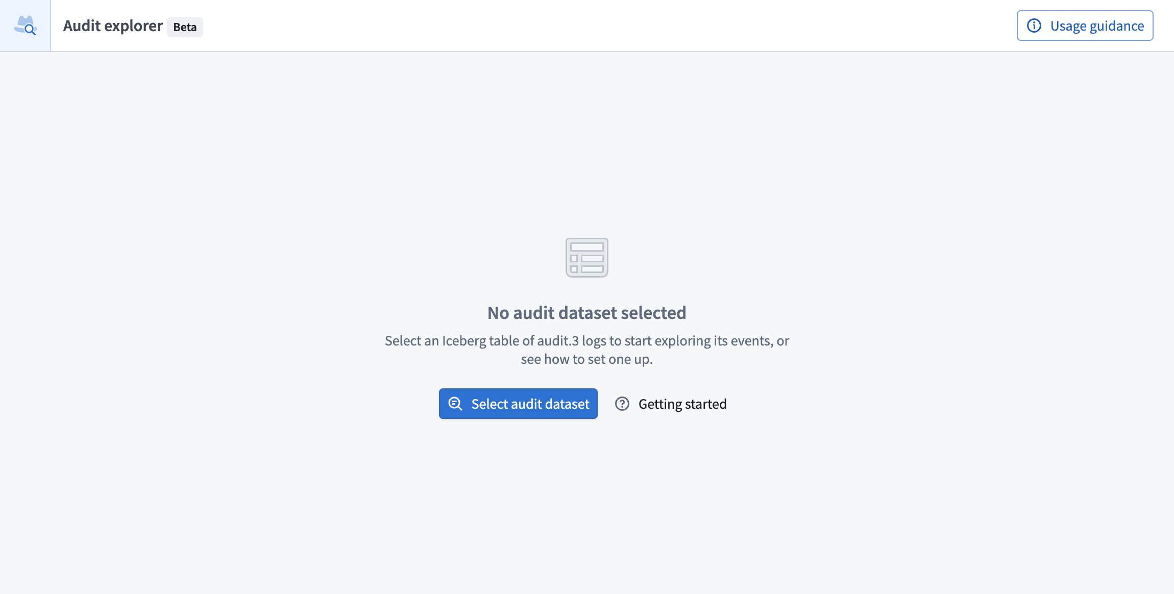 The No audit table selected page shows the Select audit table and Getting started buttons.