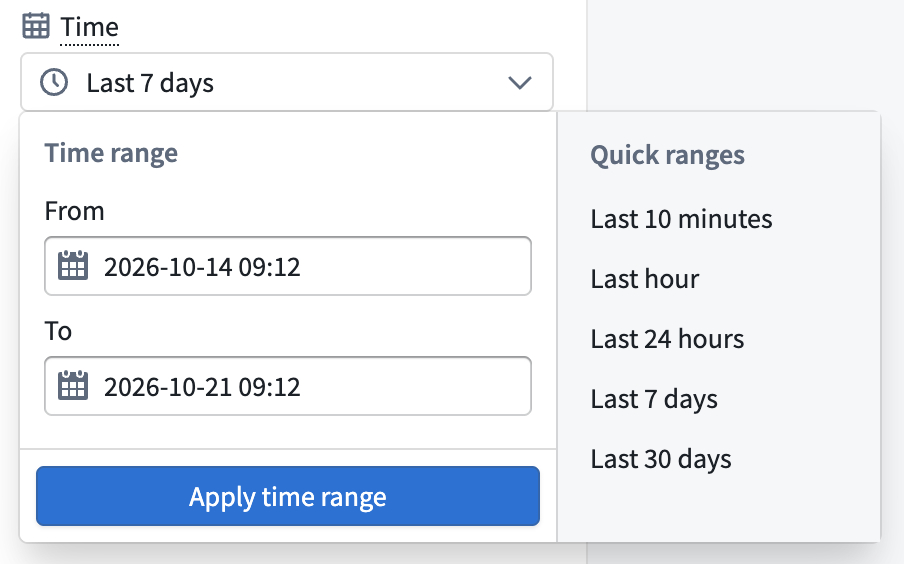 The time range menu shows quick ranges and the custom time range fields.
