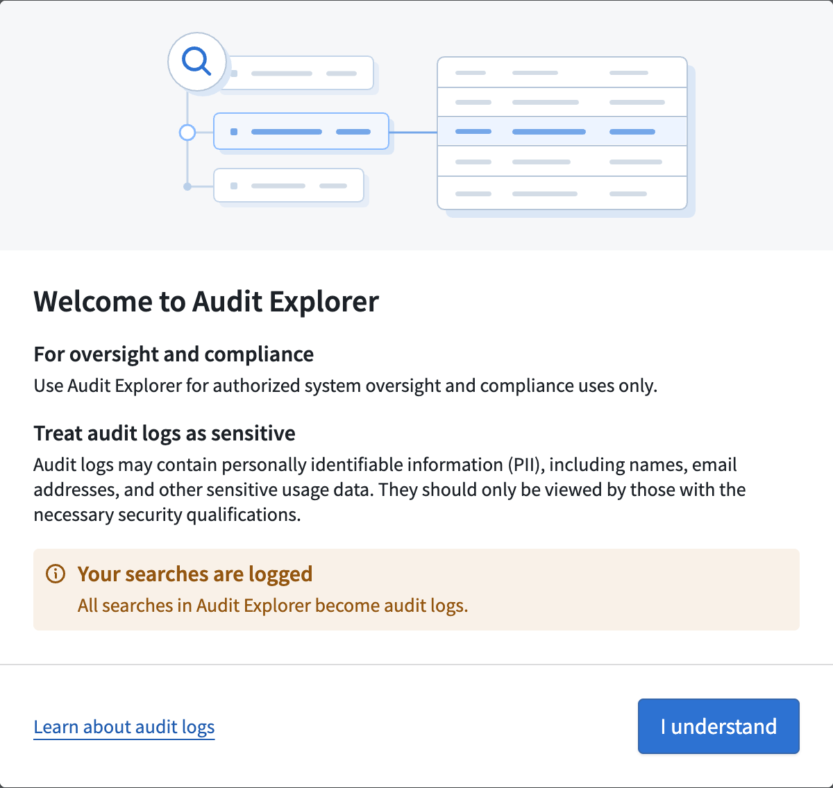 The Welcome to Audit Explorer dialog shows three usage guidelines and an I understand button.