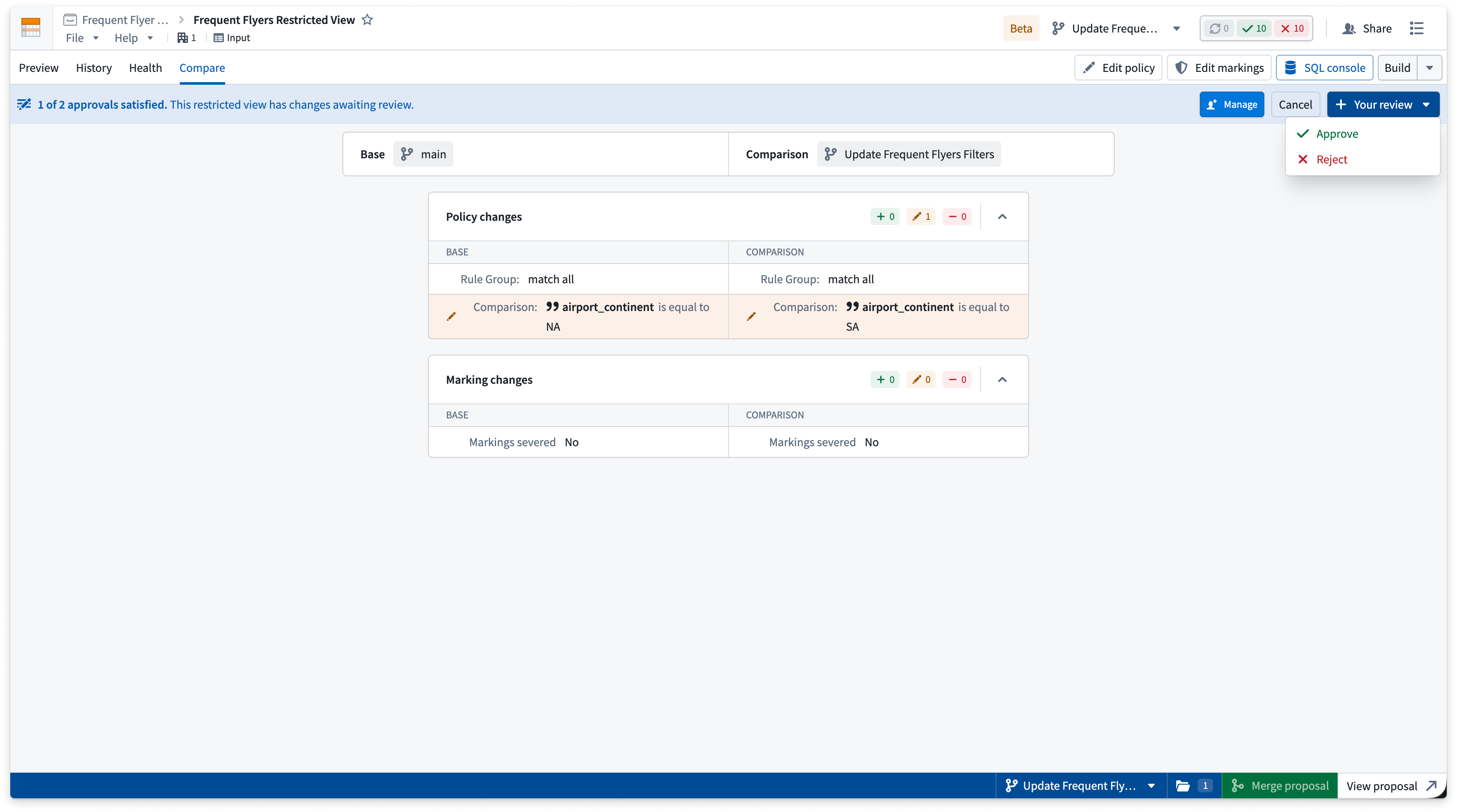 The Compare tab showing a side-by-side comparison of the main branch and current branch, with the Your review menu open to approve or reject the changes.