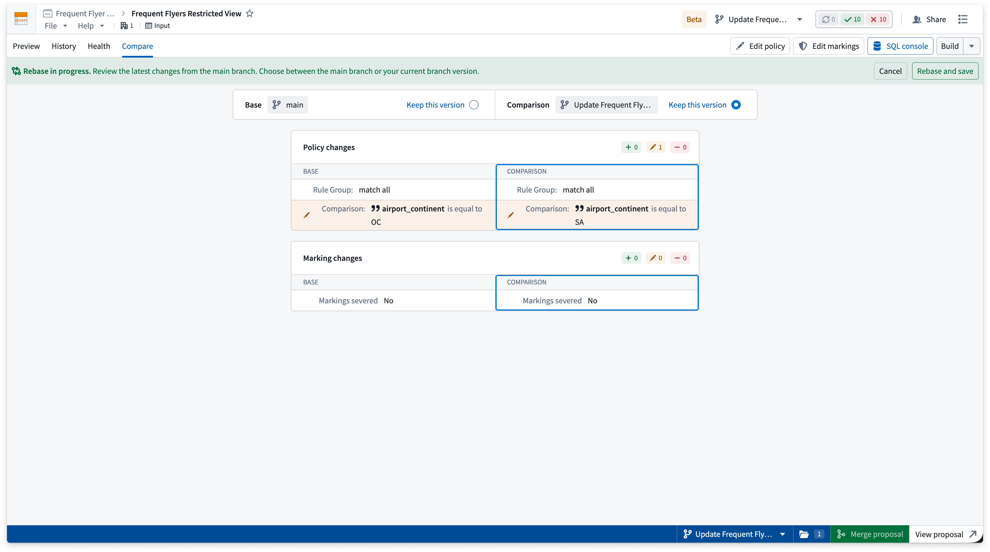 The Compare tab with a rebase in progress, showing a comparison between the main branch and current branch versions with the option to keep either version and rebase and save.