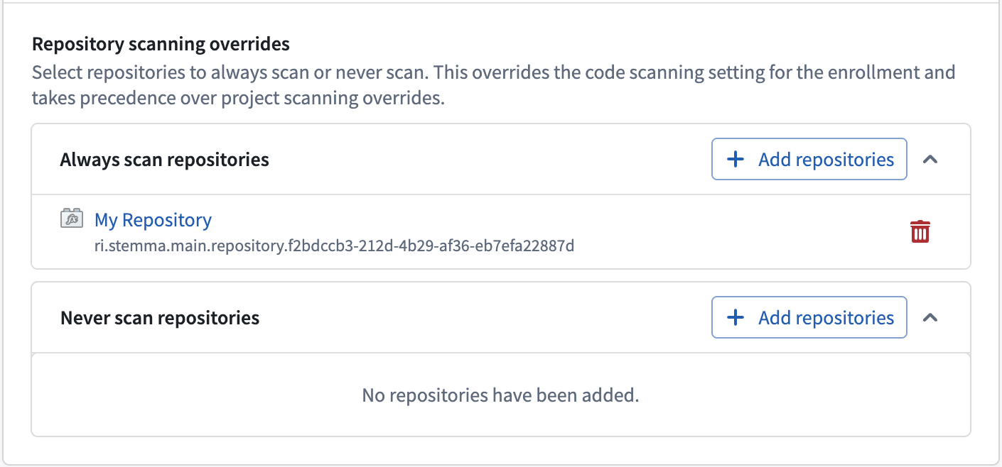 Repository scanning overrides, with one repository added to "Always scan repositories".