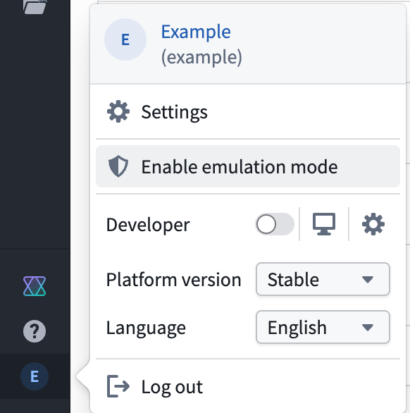 The user account menu in the workspace sidebar, with the "Enable emulation mode" option highlighted.