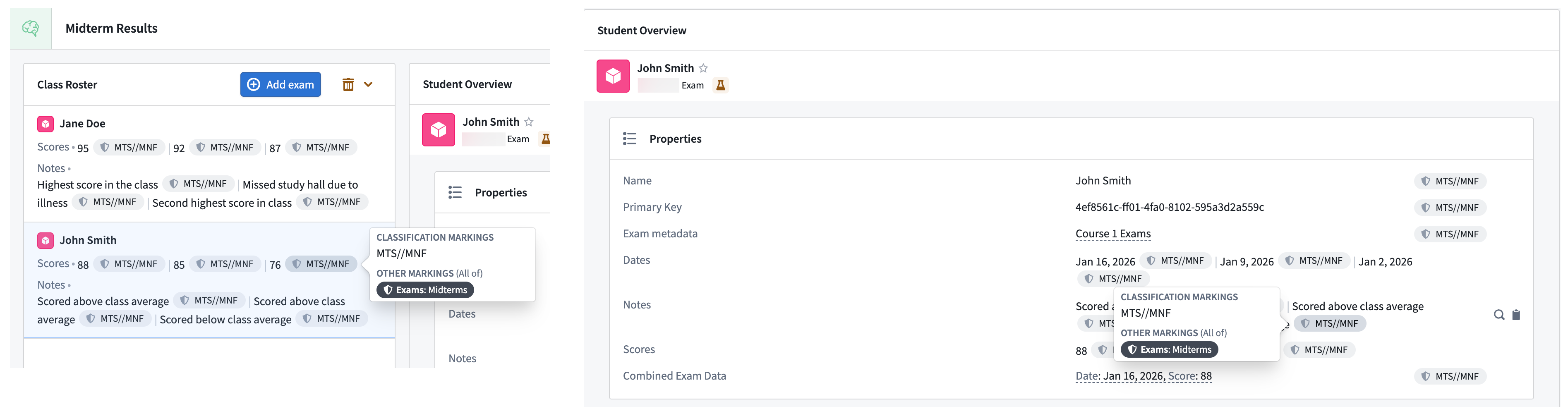 A property's security markings expanded view is displayed in the Object List and Property List widgets in Workshop.