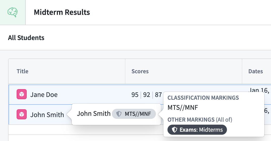 A property's security markings expanded view is displayed in the Object Table widget in Workshop.