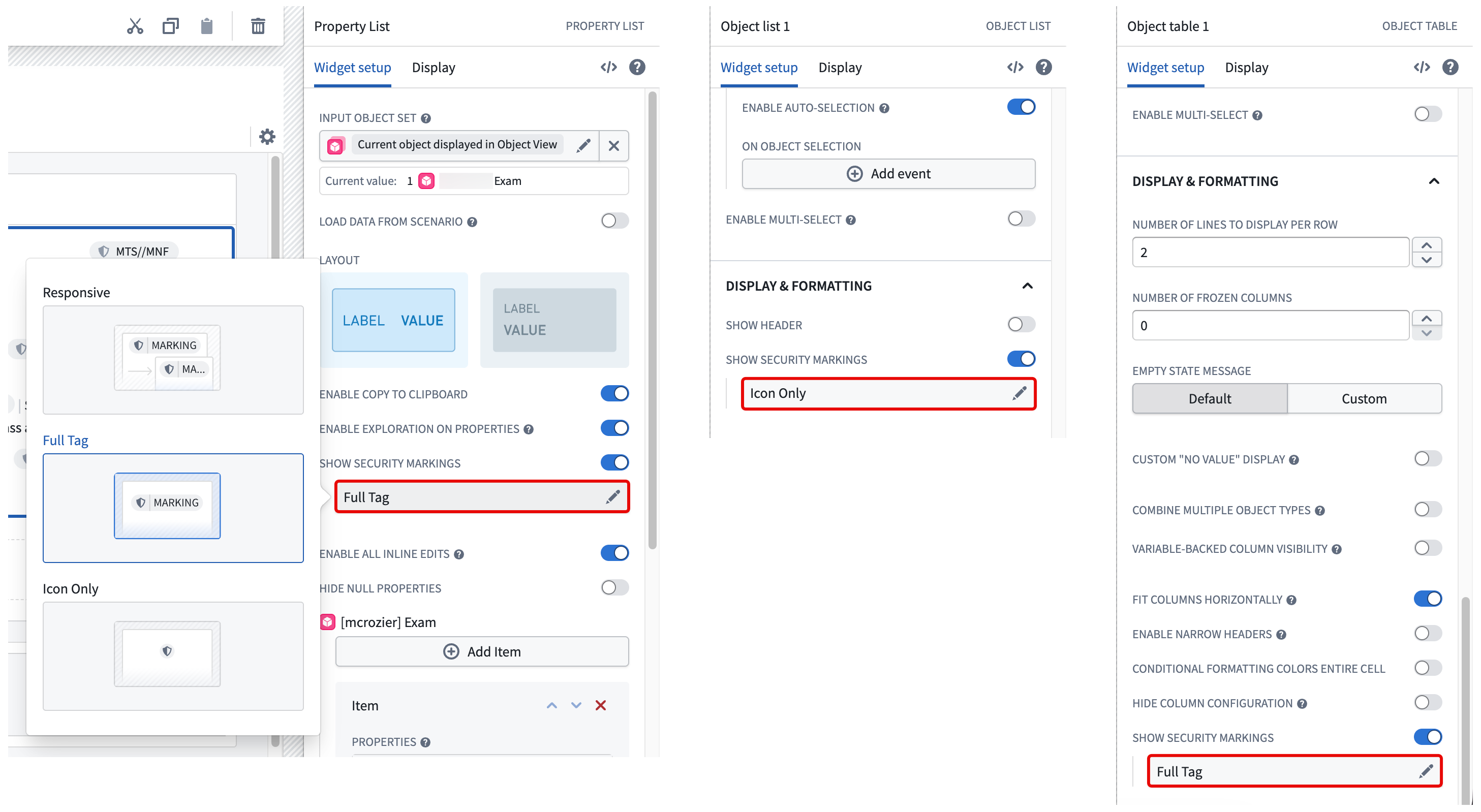 The Show security markings toggle is enabled in the Property List, Object List, and Object Table widgets in Workshop.