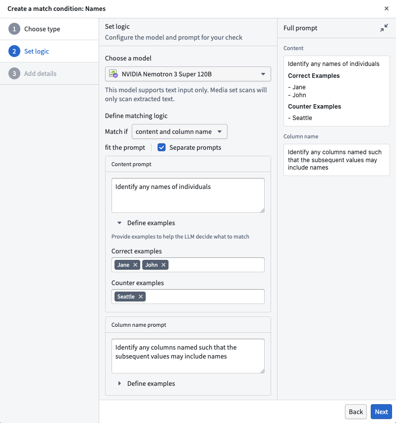 Configure separate content and column name prompts for a language model match condition.